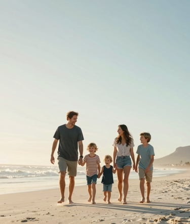 A vibrant action shot of a family laughing together on a South African beach during the golden hour. The sky is a soft wash of Pearl White and Soft Mint, capturing a sense of adventurous spirit.