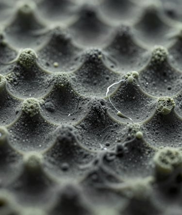 A wide, cinematic microscopic shot of fluid dynamics. Geometric patterns emerge from a dark charcoal liquid as if responding to sound, with dusty sage highlights and a milky glass texture, suggesting a lab investigation.