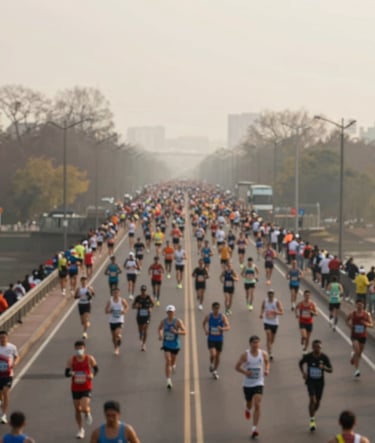 A wide-angle lens capture of the start of the marathon. Thousands of runners flooding a wide city bridge, create a sea of movement. The palette features #403B3B in the asphalt and #F2F1ED in the morning sky mist.
