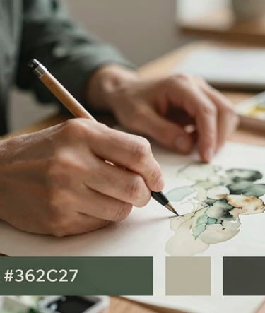 A professional fine art photograph of an artist's hands working on a watercolor piece, warm natural lighting, soft focus on the background, sophisticated and understated atmosphere featuring the brand palette colors #362C27 and #A89B90.
