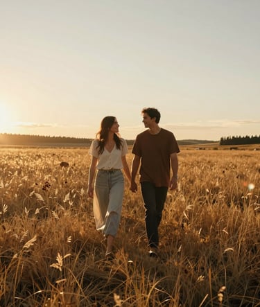 A wide cinematic shot of a North American couple walking through a golden meadow at sunset. The lighting is sun-drenched with soft lens flares. Artful composition, authentic connection, featuring earthy brown and terracotta hues.