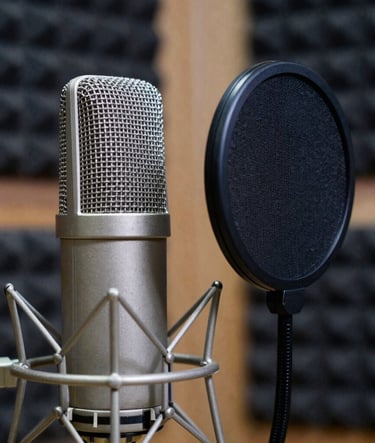 A sharp, macro photograph of a professional studio condenser microphone with a metallic pop filter. The background consists of blurred soundproof walls with dark navy acoustic panels. Lighting is crisp and technical, highlighting the metallic textures in a light grey and slate blue color scheme.