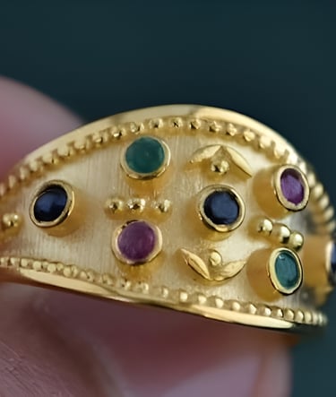 Etruscan Revival Ring. Round Cut Diamond. 18K Gold Plated Over 925 Sterling Silver  Band