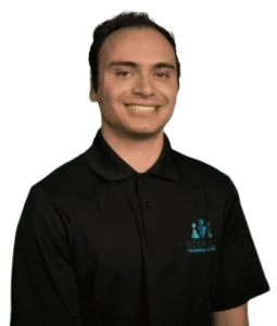 a man in a black shirt and a blue shirt