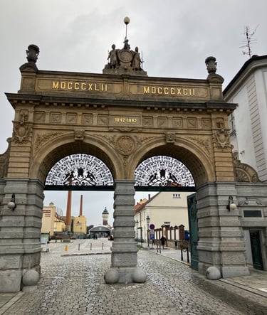 Famous and historic arches of the Pilsner Urquell Brewery in Pilsen Czech Republic