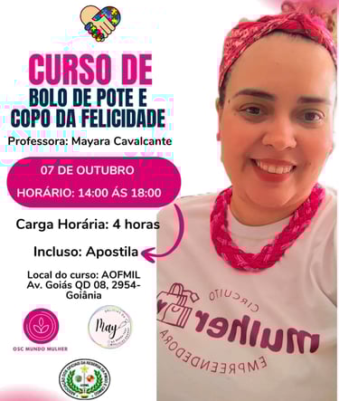 Curso Mães Atípicas Bolo de pote e Copo da felicidade, mulher branca camiseta branca circuito mulher