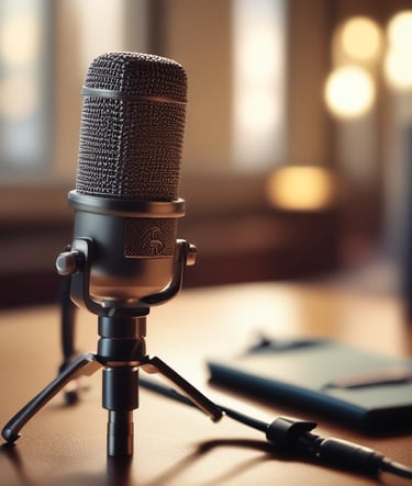 Mikrofon studyjny na statywie - trójnogu stojący na biurku.