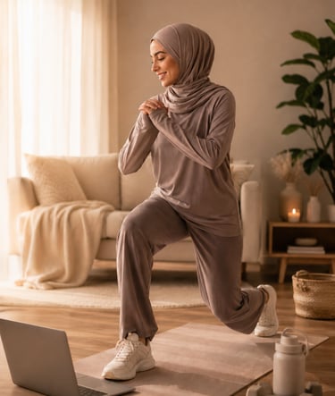Femme musulmane réalisant une séance de coaching sportif en ligne à domicile, sur PC