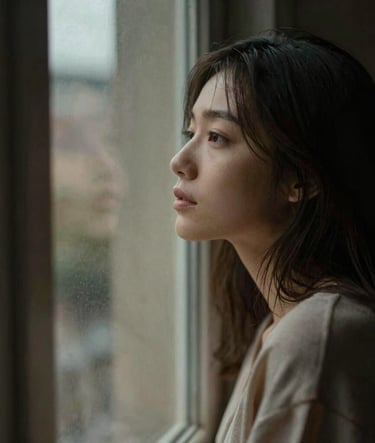 Candid, soft-focus shot of a young woman looking out of a window. The lighting is moody and natural, creating a contemplative atmosphere. Film grain visible. Colors: #3E352B, #D1B499.