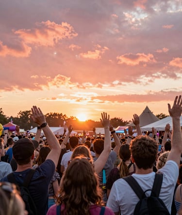 A wide-angle shot of an enthusiastic crowd with hands raised at an International / English-speaking outdoor festival. The setting sun creates a warm glow with hints of vibrant salmon red in the sky, reflecting a bright and funky atmosphere.