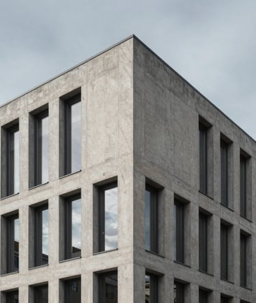 Architectural photography of a modern concrete building in a Northern European city. The shot focuses on the intersection of sharp geometric lines and light gray textures against a muted sky. The atmosphere is quiet, professional, and minimalist.