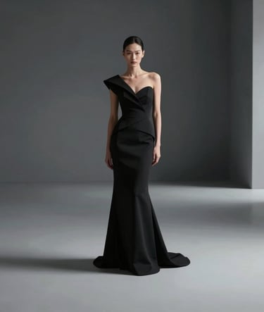A full-length fashion shot of a model wearing a sculptural black gown from the collection, standing in a serene, minimalist architectural space with soft shadows and sharp lines, palette includes #0F0F0F and #333333.