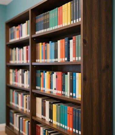 A vertical composition of library shelves where dark wood #3D3B3C frames meet soft teal #7A9E9F walls. The shelves are filled with a thoughtful mix of thick academic volumes and brightly colored picture books, symbolizing scholarly rigor and creative flair.