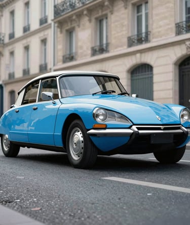 A low-angle shot of a vintage 1960s Citroen DS on a Parisian street, rendered in a graphic comic book style with flat blue and black colors, heavy film grain, and no gradients.