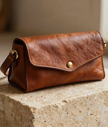 A high-fashion magazine style photograph of a handcrafted, textured leather accessory resting elegantly on a warm beige travertine stone pedestal. Diffused natural light illuminates the fine leather grain, conveying heritage, artistry, and luxury in a South American editorial setting.