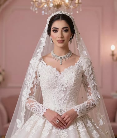 Portrait of a Middle Eastern bride in a luxurious white wedding dress with intricate lace, standing in a sophisticated studio setting with soft rose-colored lighting and a blurred background.