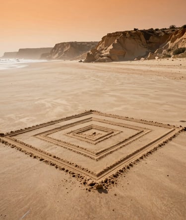 Wide-angle cinematic shot of a vast soft sand beach with a large geometric sand art pattern. In the background, muted tan cliffs rise against a sun-drenched, hazy orange sky.