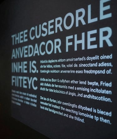 A cinematic, close-up photograph of an interactive digital installation in a modern North American museum. The display shows muted indigo text over a dark charcoal background. The lighting is low and focused, emphasizing a sense of professional mystery.