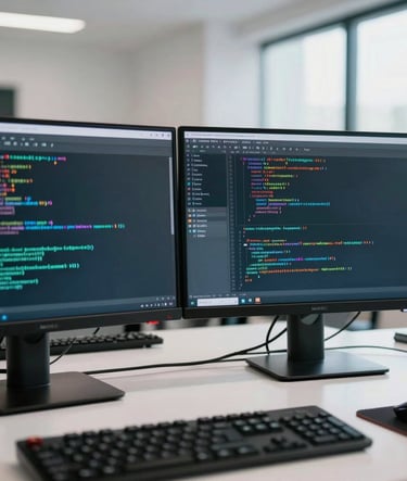 A close-up shot of a high-tech computer workstation in Mexico City, Mexican / Latin American workspace, displaying complex lines of secure code on dual monitors. The room is clean, minimal, and filled with bright daylight, casting subtle teal accents. Rigorous academic atmosphere.