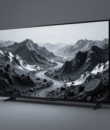 Professional photography of a complex 3D environmental art piece displayed on a large sleek screen in a North American / US studio. The art features surreal landscapes rendered in shades of dark charcoal and cool silver gray.