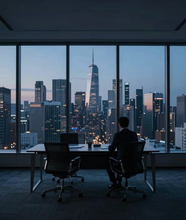 A minimalist, high-end executive office at twilight with a view of a global financial district. The scene is dominated by deep navy shadows (#1A2C38) and subtle steel-blue reflections (#4A6D7C). The lighting is precise and atmospheric, suggesting a space for rigorous intellectual analysis and strategic foresight.