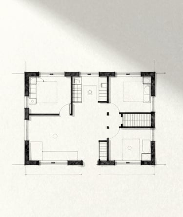 A minimalist architectural sketch on textured off-white paper. Hand-drawn charcoal (#333333) lines showing a spatial floor plan, surrounded by generous white space and soft natural light.