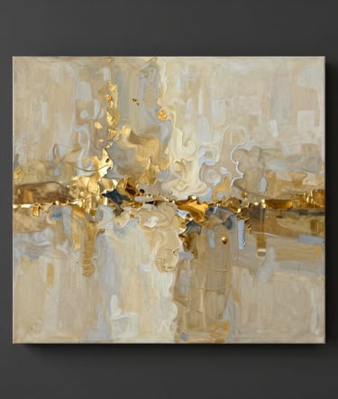 A high-resolution photograph of a large-scale abstract painting displayed on a dark charcoal wall. The artwork features flowing textures in muted antique gold and warm cream beige. Soft directional lighting from the side emphasizes the canvas depth.