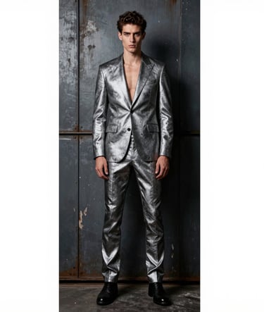 A full-body editorial photograph of a model in a metallic silver tailored suit, standing against a weathered dark grey steel wall. The lighting is dramatic and moody, emphasizing a powerful masculine silhouette.