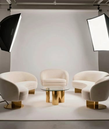 A wide photography shot of a professional film set in a Parisian studio, featuring avant-garde furniture in off-white and gold accents, large softbox lighting, clean lines, professional production design atmosphere, Western European / French.