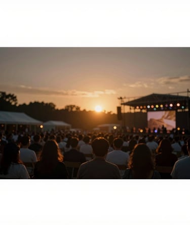 A wide cinematic shot of a sunset event at an outdoor venue. The lighting is golden and moody, incorporating deep shadows of #20232B and highlights of #F7F5F0 to showcase Joy Liu's expertise in professional lighting.