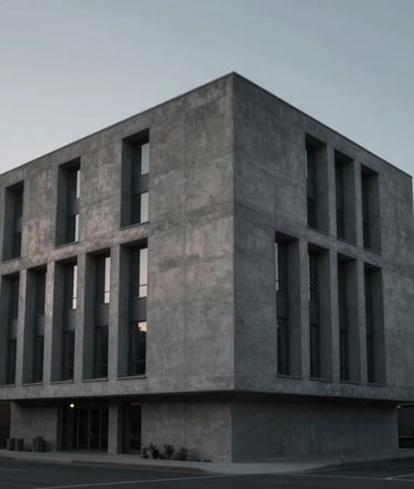 Wide cinematic shot of a modern concrete building at dusk, deep shadows (#1A1A1A) contrasting with soft gray highlights (#8C9CA6), moody atmospheric lighting, high resolution.