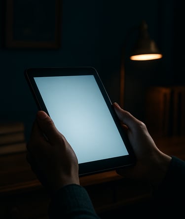 A cinematic shot of a person's hands holding a tablet in a dimly lit study in Brazil. The screen glow illuminates the hands, while the background features dark blue walls and professional lighting. The mood is serious and contemplative.