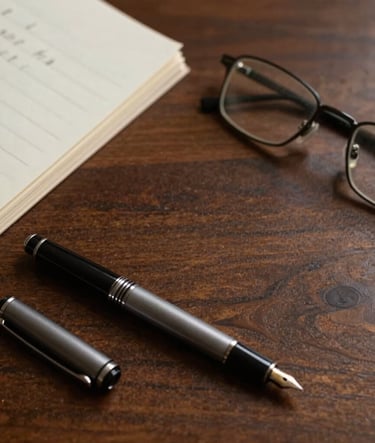 A quiet, top-down shot of an espresso-colored wooden desk. On it lies a single open fountain pen, a pair of vintage spectacles, and a stack of cream-colored paper with handwritten notes. The atmosphere is scholarly and focused.