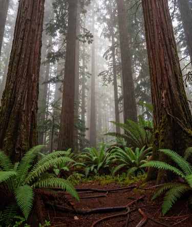 Cinematic wide-angle shot of a misty redwood forest in the Pacific Northwest. The towering trees disappear into a soft fog, with a floor of deep forest green ferns and moss. Earth brown soil peeks through the roots. Soft, diffused morning light creates a tranquil and immersive atmosphere.