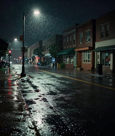 A wide cinematic still of a rain-slicked street in a North American / US metropolis at night. Long shadows stretch across the asphalt, illuminated by a single off-white streetlamp. Film noir aesthetic with a dramatic, moody atmosphere.