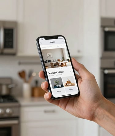 A person holding a modern smartphone in a stylish North American / US kitchen, the background blurred with soft off-white walls and jet black hardware, highlighting the user experience of a mobile website.