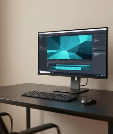 A wide-angle shot of a sleek, minimalist editing studio. A high-resolution monitor displays a vibrant 3D animation with teal blue highlights. The desk is charcoal wood, and the walls are a soft sand color, creating a clean and professional aesthetic.