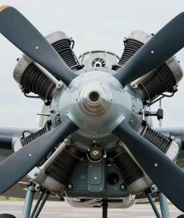A meticulous close-up of a vintage aircraft radial engine, highlighting the metallic textures and engineering heritage. Premium, exclusive atmosphere. Incorporates #5D6D7E and #1C2833 tones.
