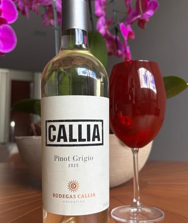 Uma garrafa de vinho branco Pinot Grigio da Bodegas Callia ao lado de uma taça de vinho tinto