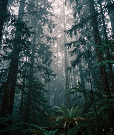 A cinematic wide-angle photography shot of a misty forest in the North American Pacific Northwest, evocative of a thoughtful documentary scene. Soft, natural morning light filters through muted teal-colored trees.