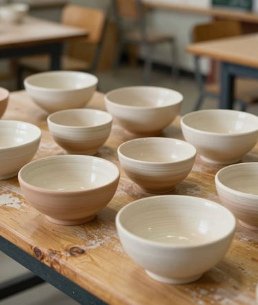 A collection of student-made ceramic bowls on a rustic wooden table in a North American school studio. The lighting is soft and warm, highlighting textures in shades of tan and cream.
