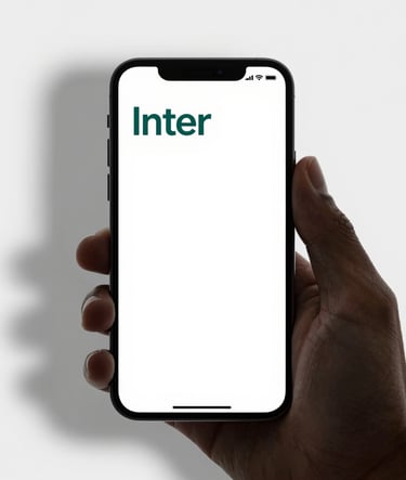 A high-resolution, close-up shot of a modern smartphone displaying an elegant user interface. The design uses plenty of white space and crisp, functional typography in Inter font. The color palette includes subtle accents of #3F5E5C against a clean #F0F4F4 background.