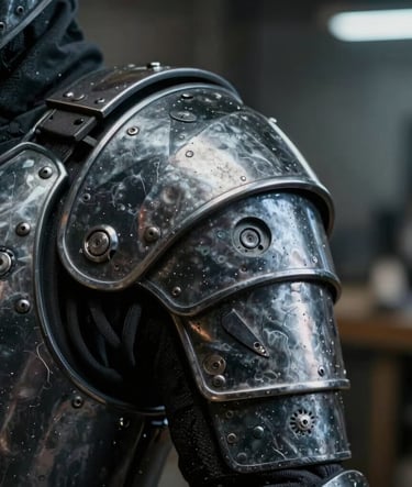 Close-up macro photography focusing on the intricate mechanical details of a character's shoulder armor. The material is a combination of charcoal black composite and worn soft silver metal, illuminated by cool, low-key lighting in a North American / US workshop environment.