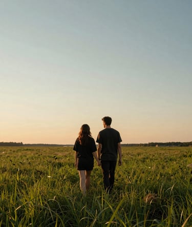 A wide, cinematic vertical shot of a couple walking through a lush North American / US meadow at sunset. The sky is a gradient of light blue and soft orange, casting a warm glow over their charcoal-colored attire.
