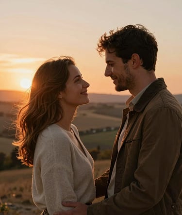 Cinematic outdoor lifestyle photo capturing a tender moment between a couple in Southern Europe. Warm sunset lighting with beautiful orange and sand hues illuminating the scene. Natural expressions, candid style, soft focus background of countryside hills.