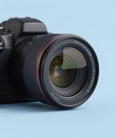 A minimalist composition showing a sleek digital interface reflecting a professional camera lens, merging photography with technology, using a color palette of #1A202C and #E0FBFC.