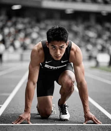 Action photography of a sprinter at the starting blocks, sharp focus on the athlete's intense eyes, blurred stadium background in a Western international arena, dramatic lighting, high contrast with deep black and white tones.
