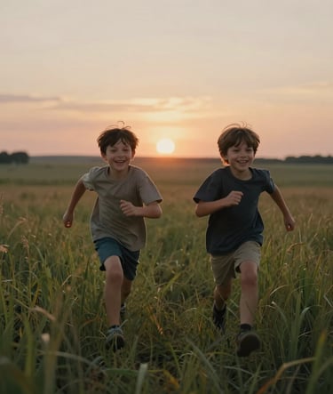 A cinematic shot of two children running through tall grass in the North American US countryside at dusk. The setting sun creates a warm rim light. Authentic, joyful expressions with a soft sand aesthetic.