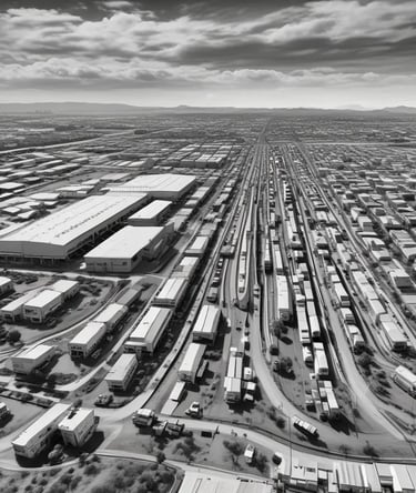 Foto a blanco y negro de un Corredor Industrial, formado por varios Parques Industriales Naves Ind.