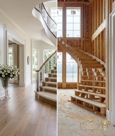 Split-screen comparison of a luxury custom home project by Daeco. Left: A finished high-end foyer fe